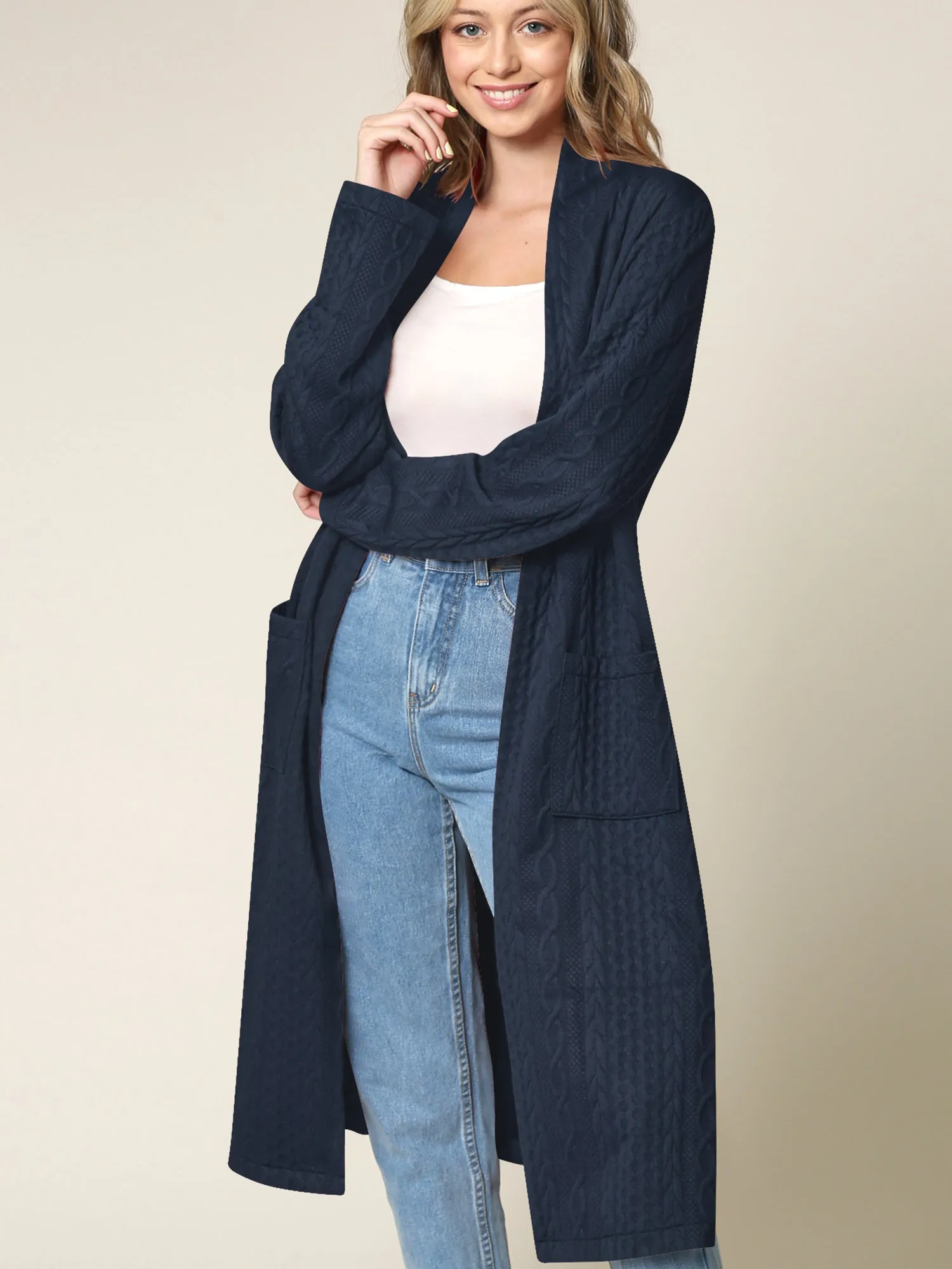 Women's Knit Long Sweater Drape Cardigan with Pockets