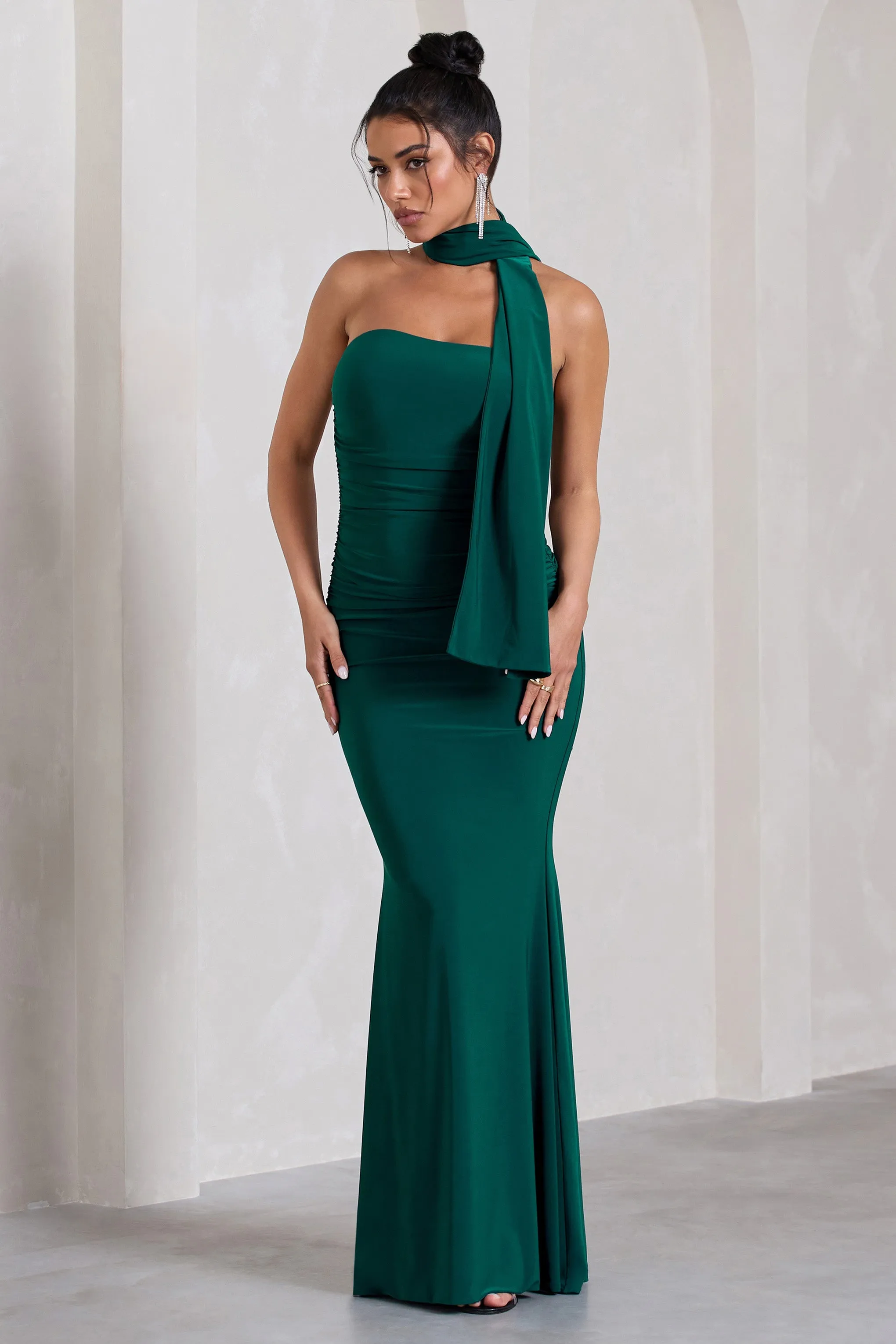 Wren | Bottle Green Ruched Bandeau Maxi Dress