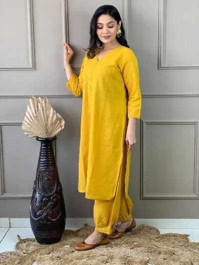 Yellow Monochrome Slub Cotton Afghani Kurti Set Of 2