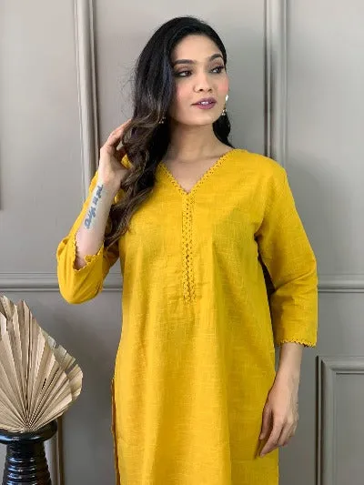 Yellow Monochrome Slub Cotton Afghani Kurti Set Of 2